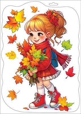 Оформительская наклейка двусторонняя Девочка с букетом листьев