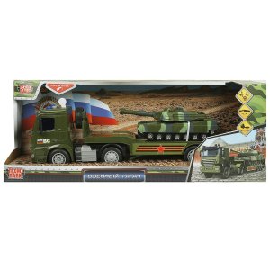 Модель Маш ТЯГАЧ С ТАНКОМ Пластик Свет звук 38 см подвиж детали инерц