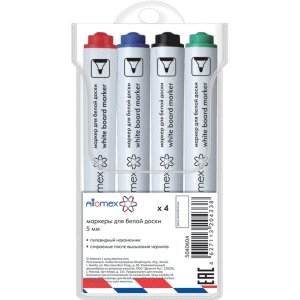 Набор маркеров для белой доски 4шт зел красн син черн круглый корпус пулевид 5040604