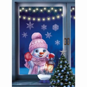 Оформительские наклейки А4 Снеговик заглядывает в окно НМТ1-16497