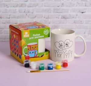 Набор кружка под раскраску Сердечки краска 6 цв по 2 мл кисть 4962556