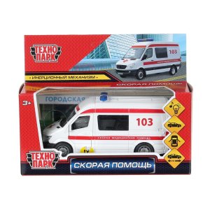 Модель Маш СКОРАЯ ПОМОЩЬ 14,5см металл свет звук двери багаж инерц белый 887-27A-R-WOD