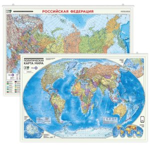Карта Мир Политический РФ П/А Субъекты 101х69 см Настенная двухсторонняя на рейках ПРОкарта