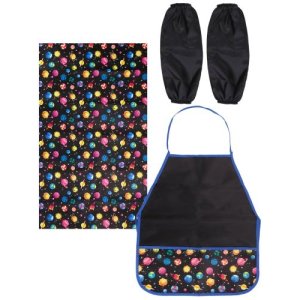 Набор фартук с карманом + нарукавники+клеенка для труда ПЛАНЕТЫ черный (Ф-2594) принт.ткань "гладь"