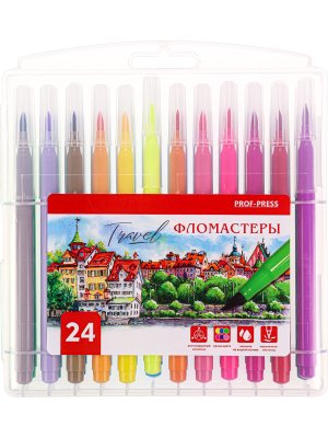 Фломастеры  24цв с кисточкой с вентилир колпачком TRAVEL жёсткий кейс ФЛ-8515