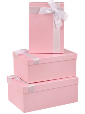 Набор прямоугольных коробок Однотонные розовые с лентой 3в1 19х12х7,5-15х10х 5см КОР-4549