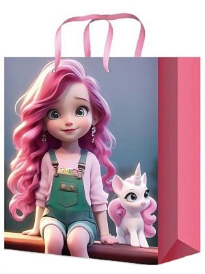 Бумажный пакет Optima 18x23x8 Розоволосая девочка с единорогом 128г ПКП-0337