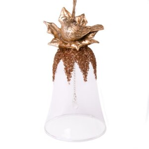 Новогоднее подвесное украшение колокольчик из стекла и полирезины Птицы 6,3x13см 75815