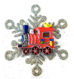 Новогоднее подвесное украшение из полирезины и акрила Паровозик в снежинке 11x1,5x11см 75629