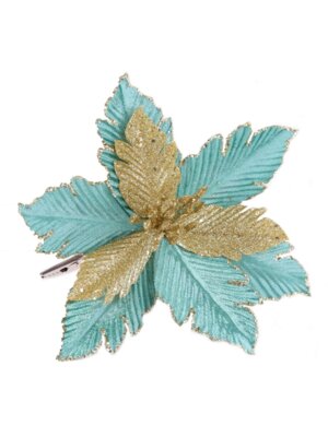 Елочное украшение Бирюзово-золотой цветок из полиэстера на клипсе черн метал 87445