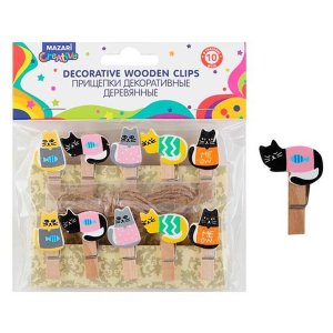 Прищепки декоративные деревянные КОШЕЧКИ, 10 шт, размер 3.5х0.7 см, ОПП-упаковка