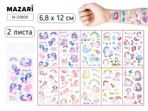 Тату стикеры 2 листа ЕДИНОРОГ 6.8x12 см M-20808