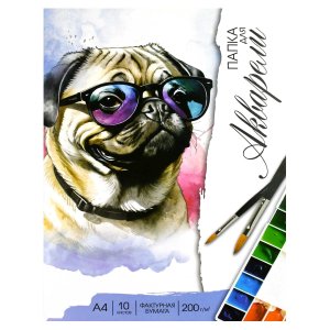 Папка для акварели 10л А4 Мопс в очках 200г/м2 69938