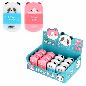Точилка 1отв с контейнером Кот и панда асс бел бирюза роз 69645