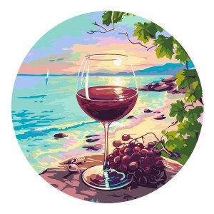 Картина по номерам на фигурном холсте Закат вино и море форма круг с акрил красками