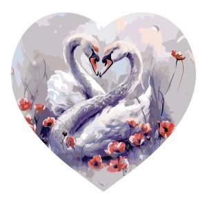 Картина по номерам на фигурном холсте Лебединая верность форма сердце с акрил красками