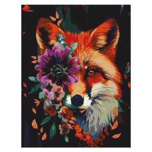 Картина по номерам на холсте с глиттером Лиса с цветами 30*40 с акриловыми красками и кистями