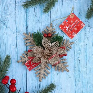 Елочное украшение Звезда с цветком и еловыми веточками 5х13см Золото 6938893